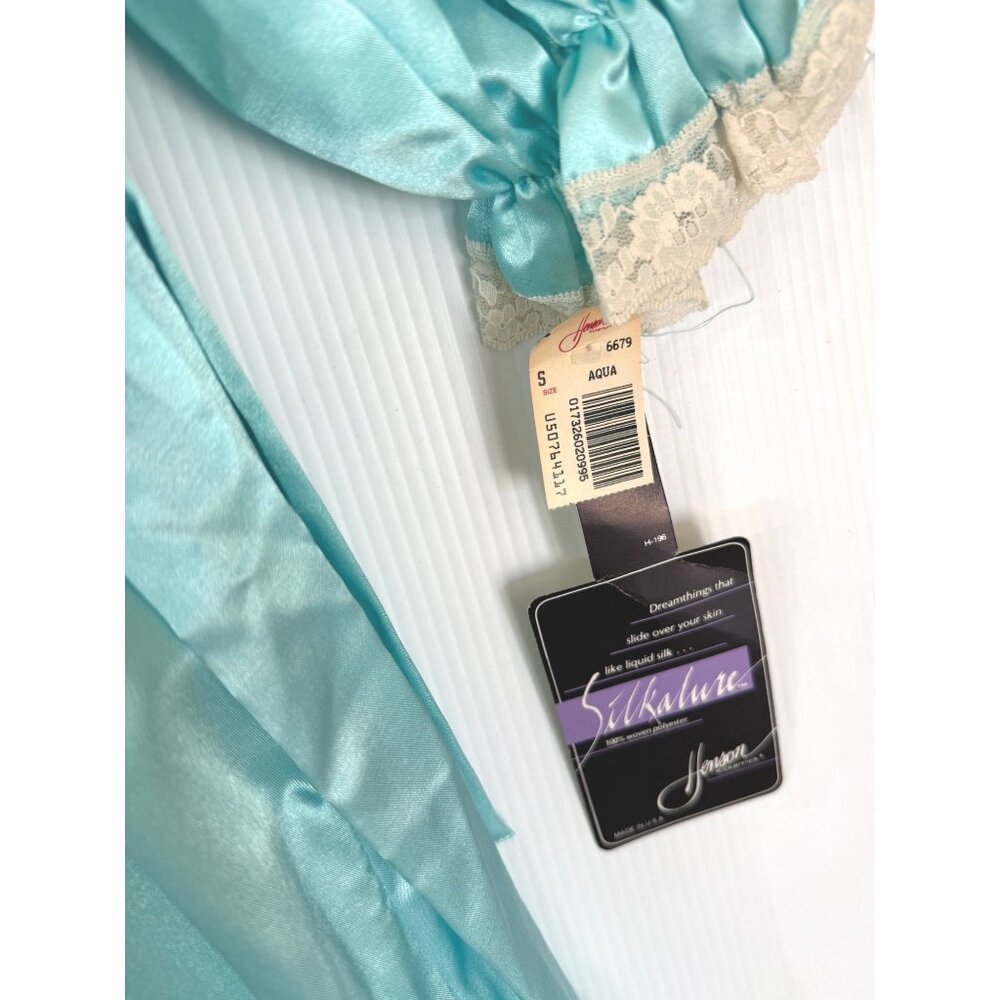 size S Vintage Aqua Satin Robe Lace Trim Silkalure Women's Long Sleeves Belted s - Picture 5 of 9